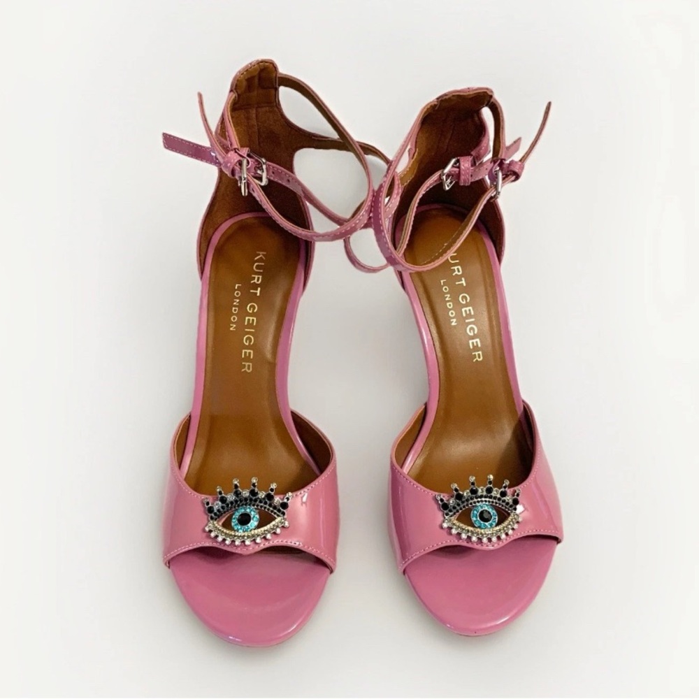 Kurt Geiger London Pink Ankle Strap Heel Shoes Embellished w/ Crystal Blue Eyes